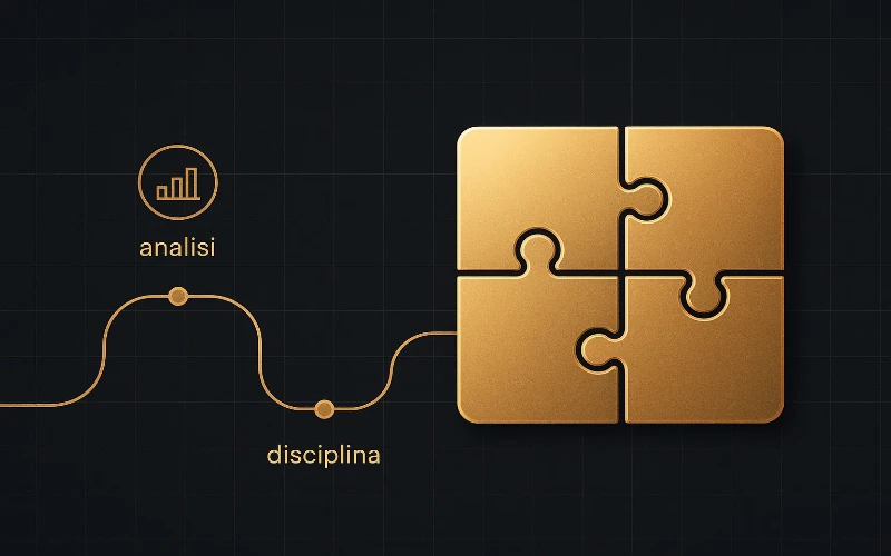 Costruire metodo personale: puzzle dorati che formano una struttura completa con percorso verso il successo