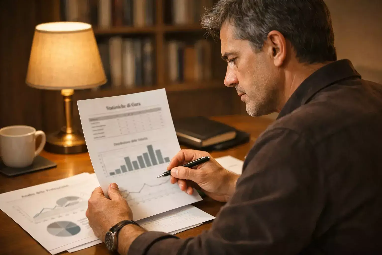 Persona concentrata che studia analisi sportive con disciplina e attenzione