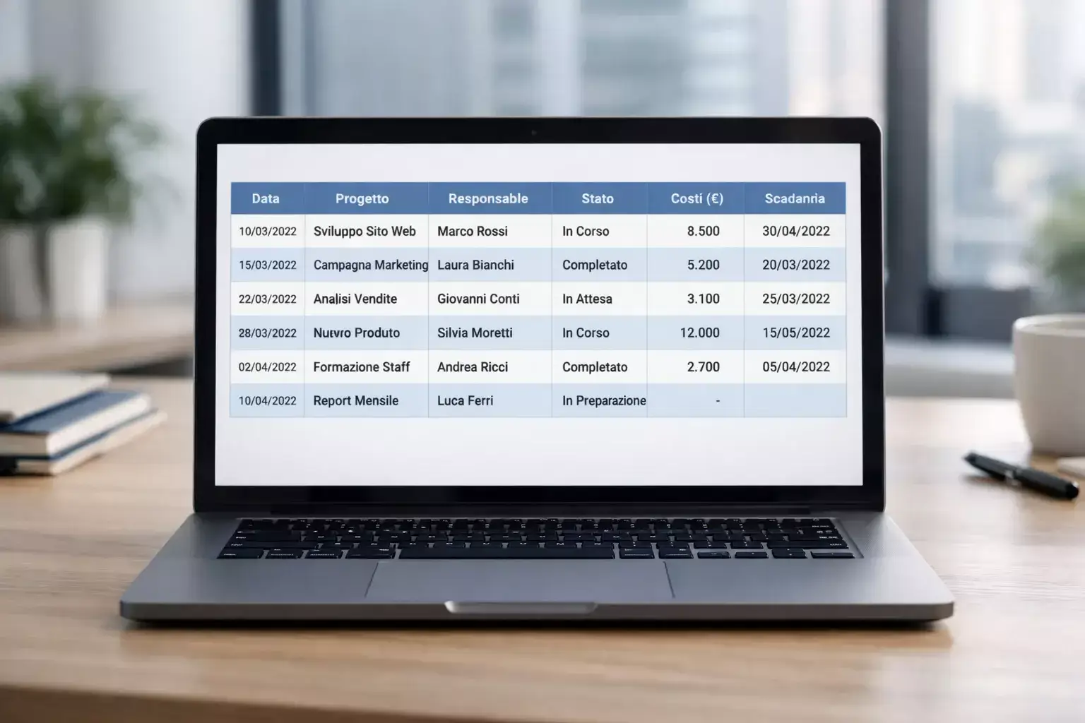 Foglio di calcolo con celle organizzate e dati strutturati