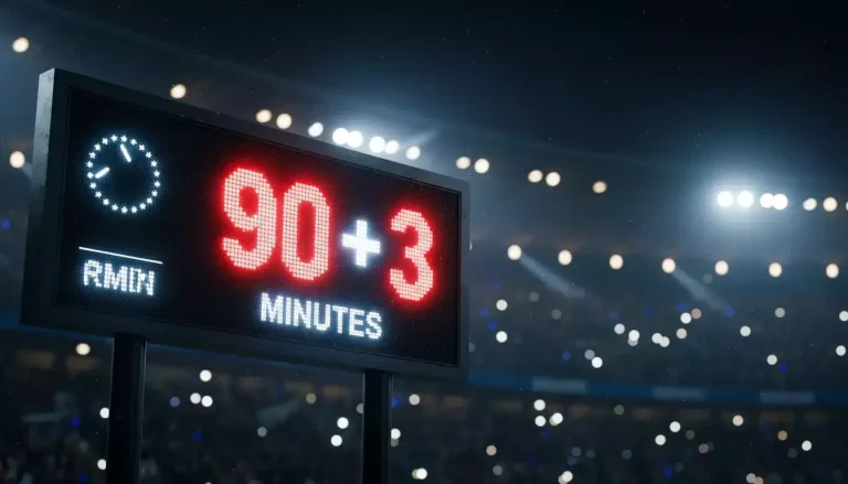 Tabellone luminoso di uno stadio che mostra i minuti finali di una partita