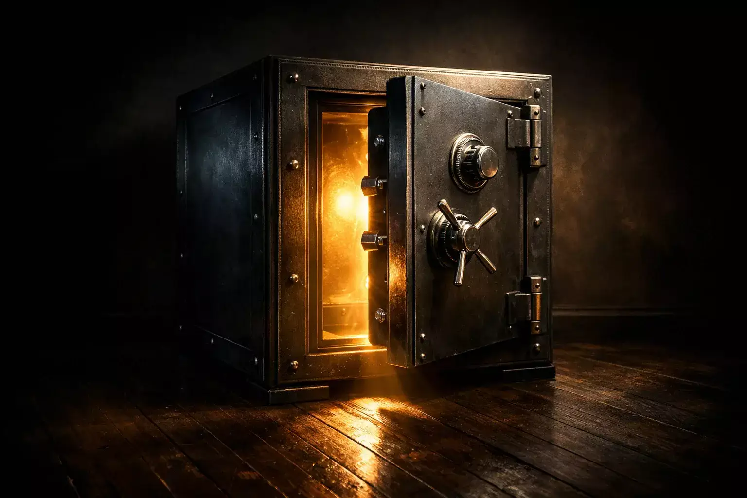Cassaforte aperta con luce che illumina l'interno vuoto simbolo di protezione del capitale