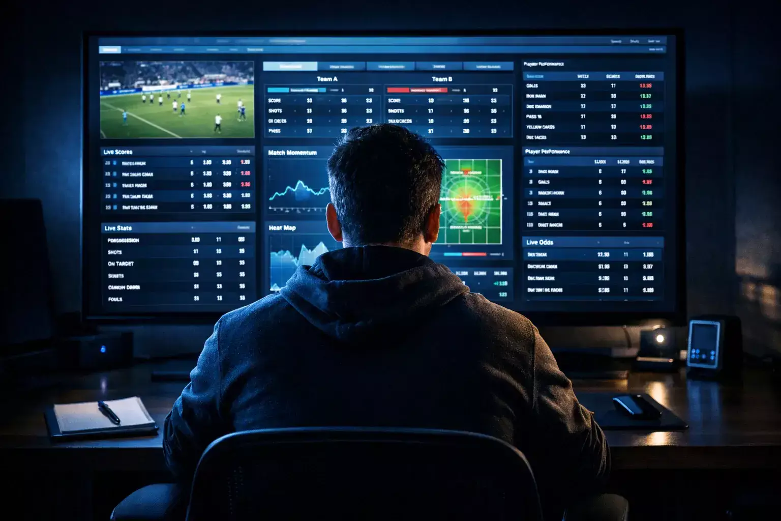 Persona concentrata che analizza dati su uno schermo durante un evento sportivo