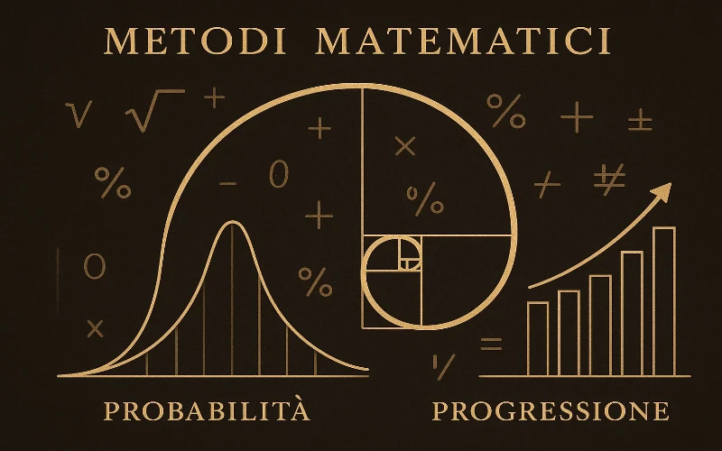 Metodi matematici scommesse: spirale di Fibonacci dorata con curve probabilistiche e grafici statistici