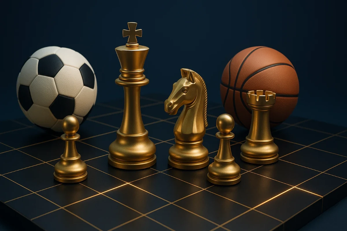 Strategia scommesse sportive: scacchi e palloni su griglia dorata rappresentano il pensiero strategico nel betting