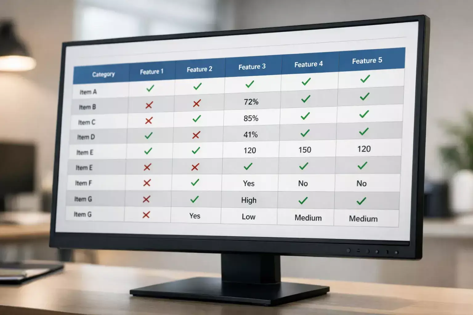 Schermo che mostra tabella comparativa con diverse colonne di dati