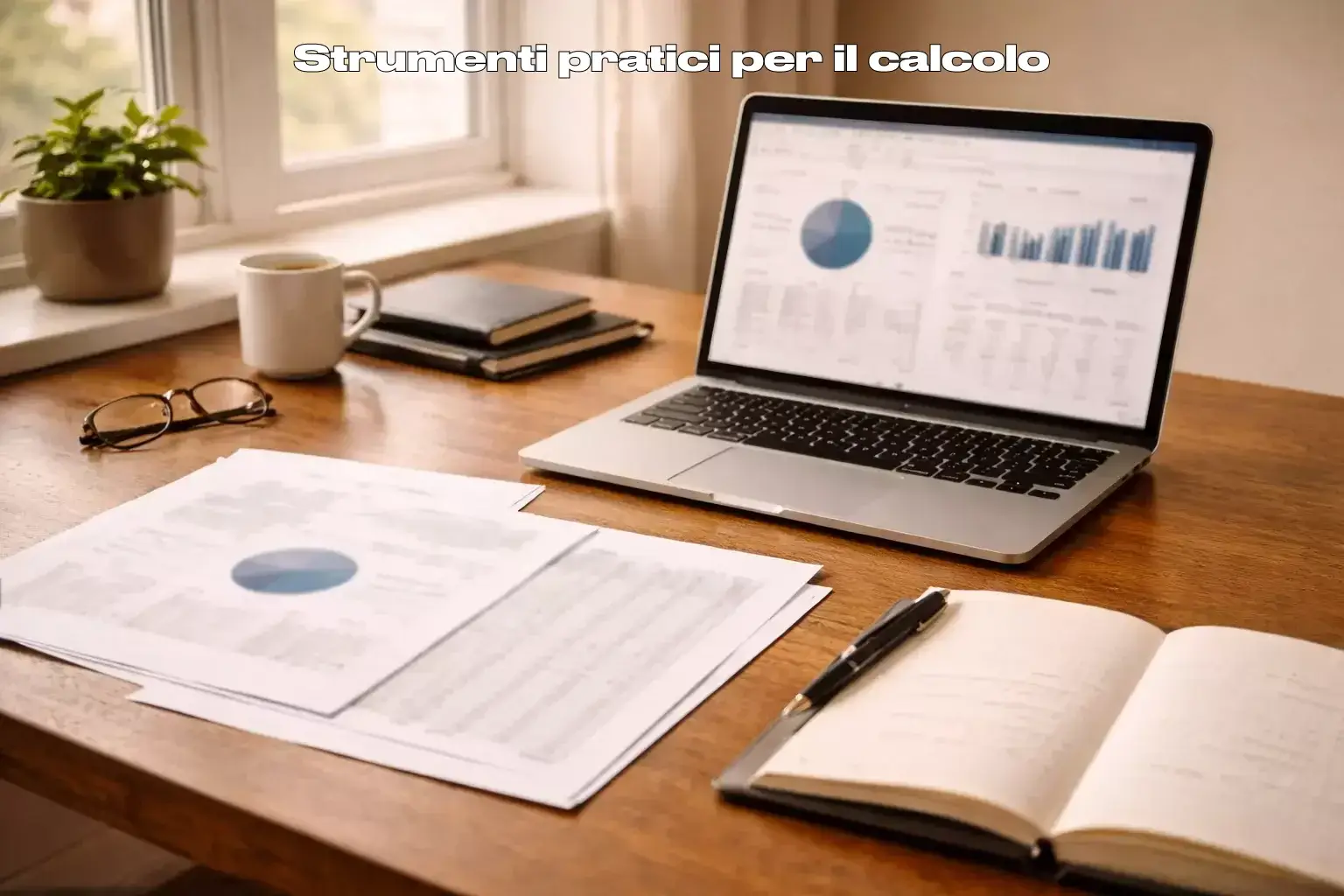 Scrivania con laptop e documenti per analisi e calcolo