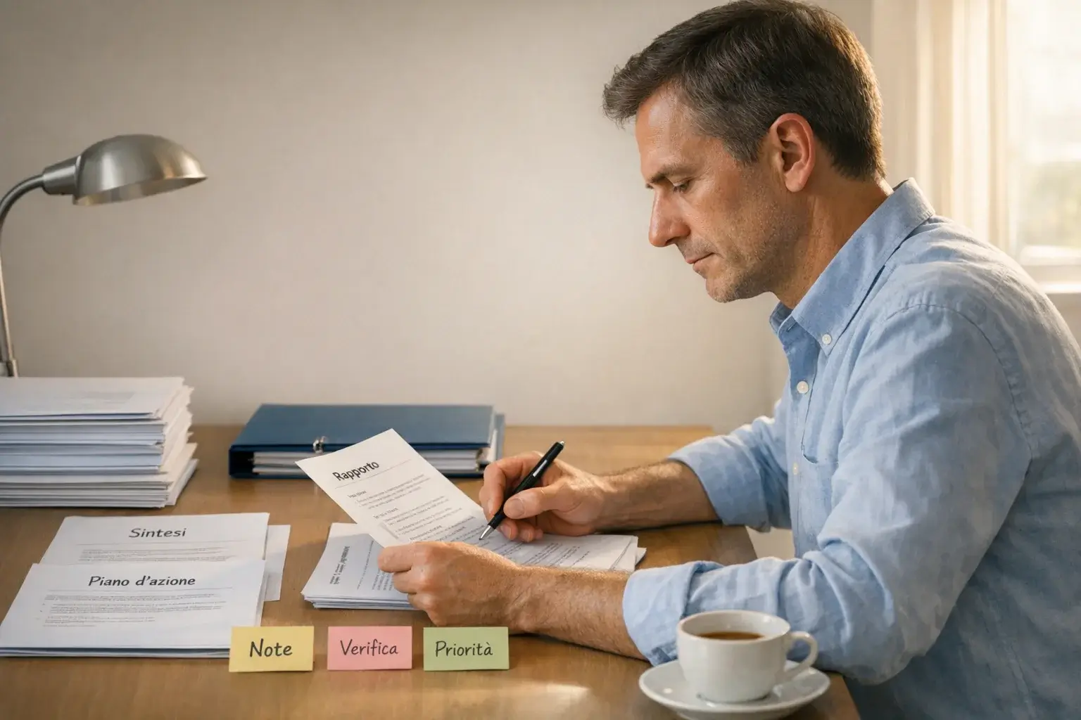 Persona concentrata che analizza documenti con pazienza e metodo