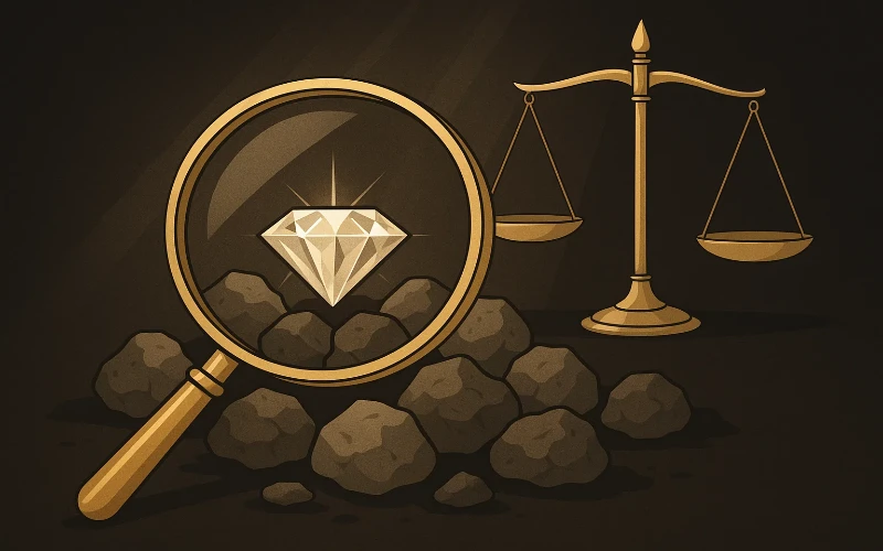 Value bet: lente d'ingrandimento dorata che rivela un diamante nascosto simboleggia la ricerca del valore nelle quote